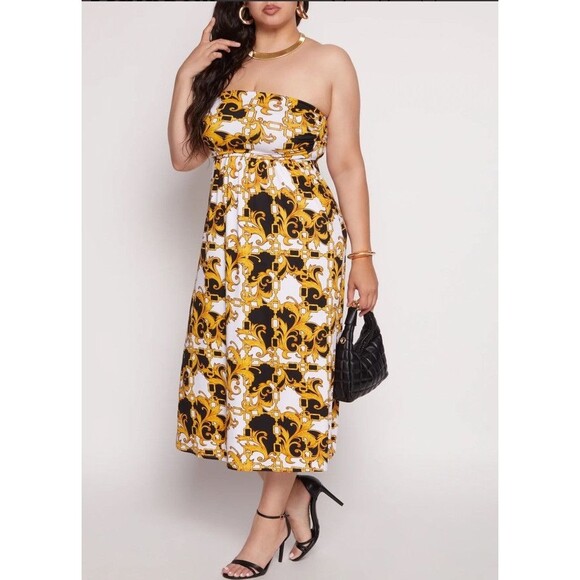 Absolutely Love It!!!  Status Print Strapless Empire Waist Dress Size Large - Picture 2 of 7